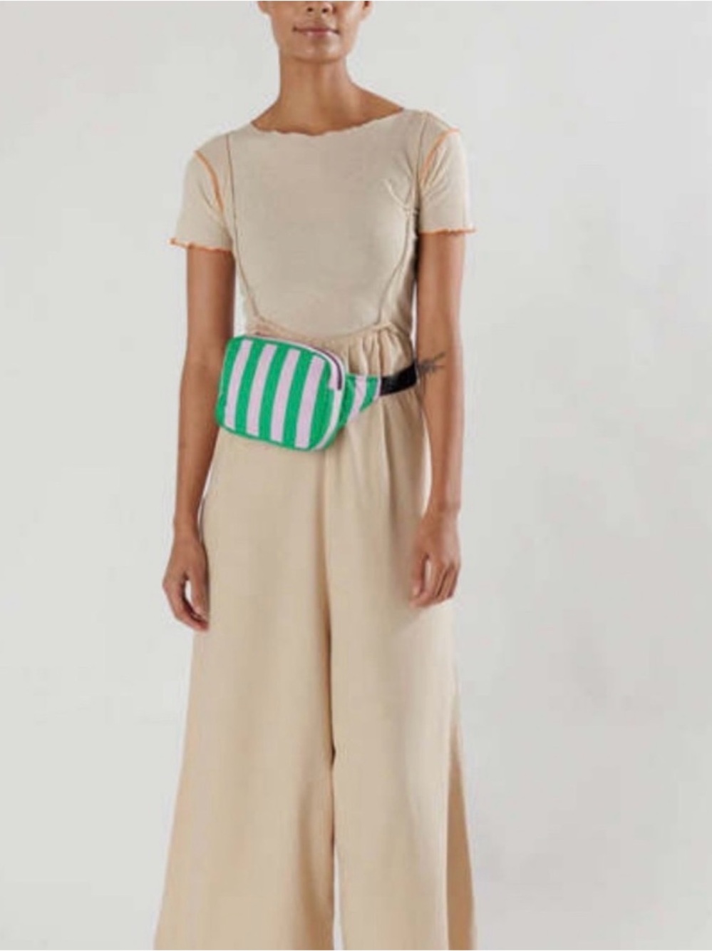 BAGGU 💚💗 Puffy Fanny Pink and Green Awning Stripe Belt Bag Hands Free Crossbody - Picture 2 of 7